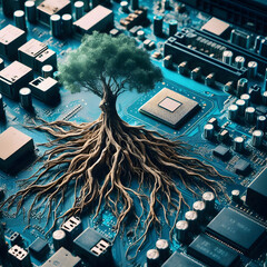E-Waste: A computer motherboard sprouting roots like a dead tree, symbolizing the forgotten legacy of electronic waste
