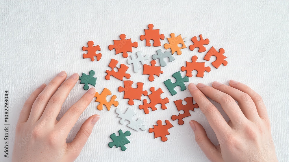 Poster hands neatly arranging puzzle pieces on a table