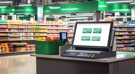 Fototapeta premium A digital white screen kiosk at the cash register in an empty grocery store 