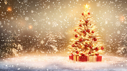 Obraz premium Festive christmas scene with ornamented tree, merry christmas greeting card. Ornamented. Illustration