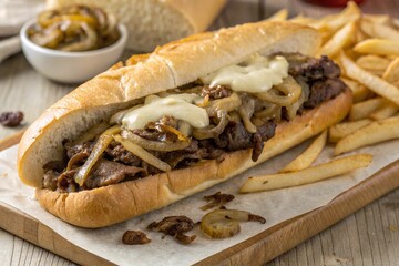 Delicious Philly Cheesesteak Sandwich with Melted Cheese and Fries