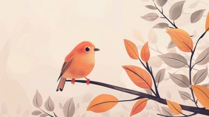 watercolor illustration, vintage postcard, National Bird Day, small red bird on a branch, light background, copy space, free space for text