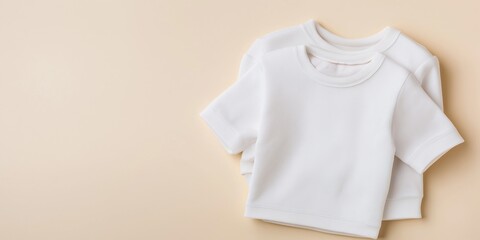 Two white baby shirts are stacked on top of each other. The shirts are white and have a soft, fuzzy texture. Concept of warmth and comfort