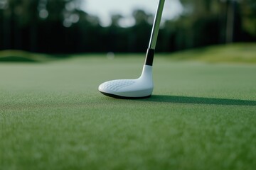 A golf club is on a green grass field. The club is white and black. The grass is green and the field is well maintained