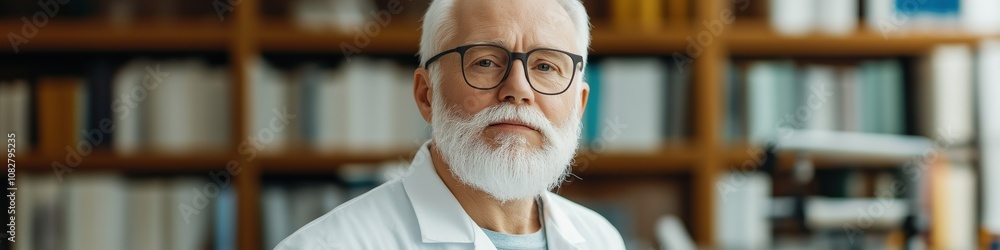 Poster a man with a beard and glasses is standing in front of a bookshelf. he is wearing a white lab coat a