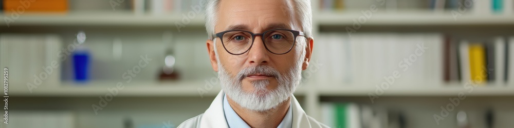 Poster a man with glasses and a white lab coat is standing in front of a shelf of books. he is a scientist 
