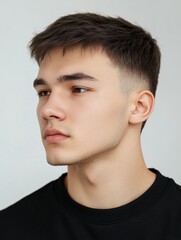 Naklejka premium portrait of a young stylish guy with a short hairstyle on a light background, barbershop advertising
