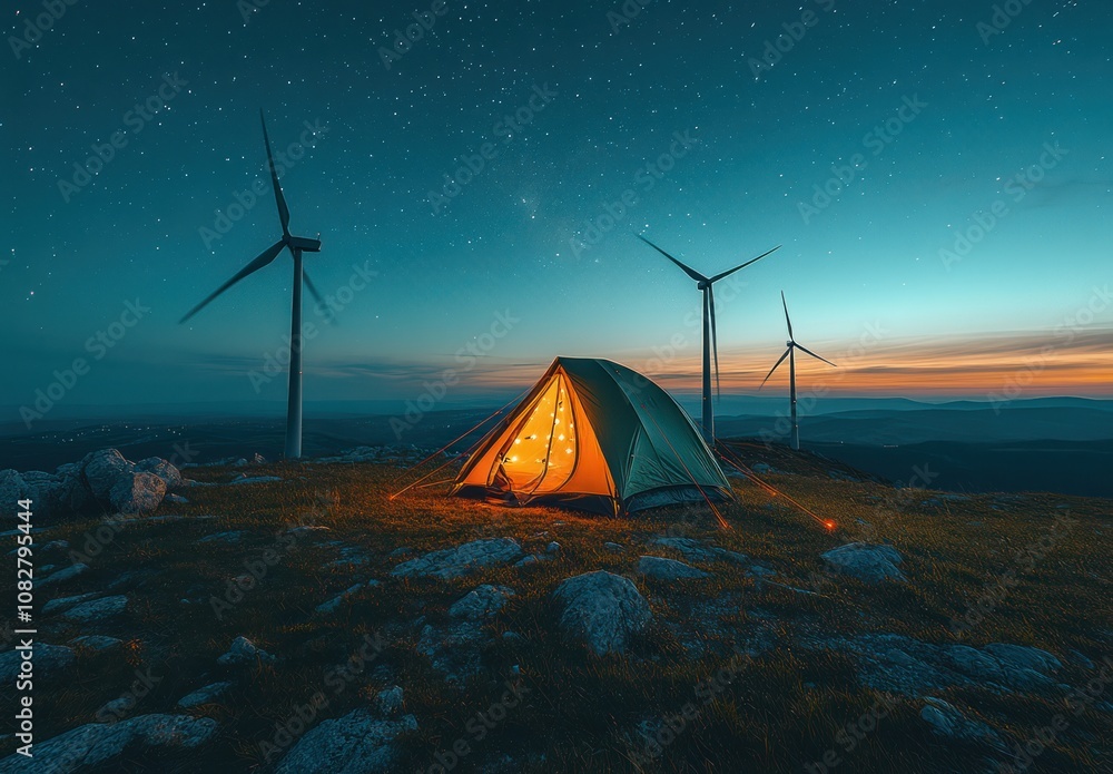 Poster here's a possible and keyword list for your stock photo.. illuminated tent on mountain peak at night