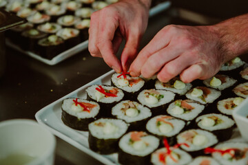 Close-up photos of entrée dish Sushi plated for serving to the guests