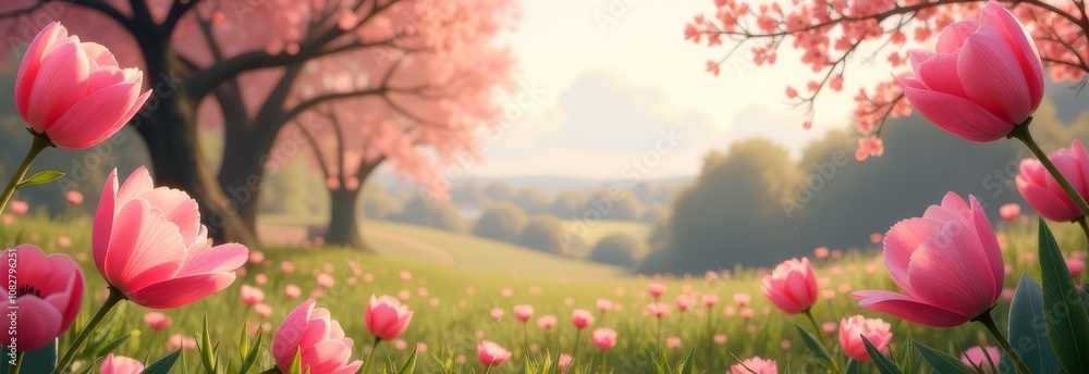 Poster a beautiful field of pink flowers with a tree in the background
