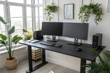 Modern Home Office Setup Desk, Monitors, Plants, and Tech