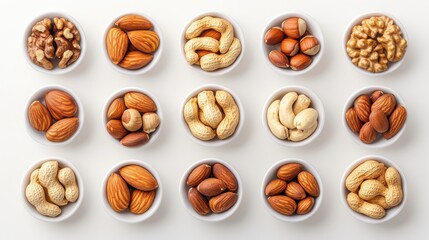 Assortment of Nuts in Bowls on White Background