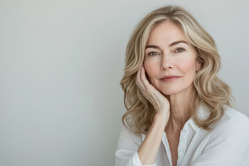 Closeup portrait of an attractive middle-aged mature woman looking at camera. Healthy face skin care beauty, middle age skincare cosmetics, cosmetology concept, anti-ageing care product. 