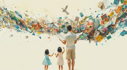 A father and his daughters explore a vibrant world of knowledge as books and colorful pages swirl around them, sparking imagination