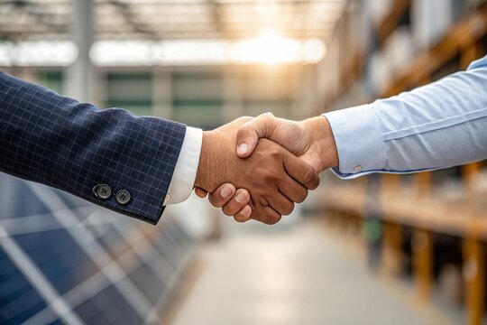 Solar Energy Partnership Businessmen Handshake, Clean Energy Deal - Powered by Adobe