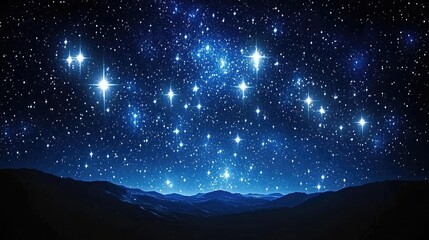 Experience the Tranquility of a Starry Night Sky: A Breathtaking View of Twinkling Stars Against a Deep Blue Horizon, Silhouetting Distant Mountains and Evoking a Sense of Cosmic Wonder