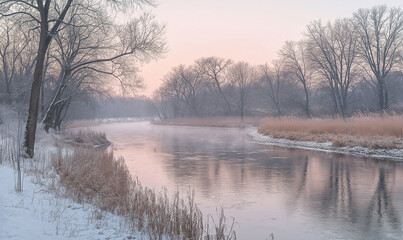 The serene beauty of winter, with snow-covered trees and an icy river in the foreground, bathed in soft pastel hues under the morning sun