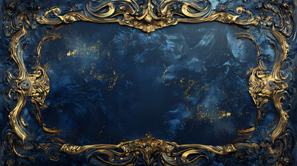 Abstract paintings with dark blue colors in a ornamented golden antique frame, created with generative ai tools. Ornamented. Illustration