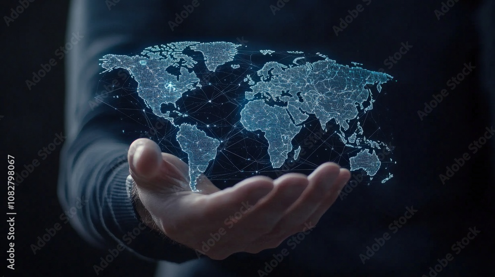 Poster A Person's Hand Holding a Glowing Digital World Map with Connected Lines, Representing Global Connectivity and Data Sharing in a Modern Technological Setting