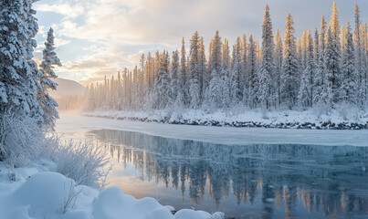 Obraz premium The serene beauty of winter, with snow-covered trees and an icy river in the foreground, bathed in soft pastel hues under the morning sun