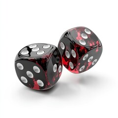 Two black and red dice sit side by side, showcasing their six sides with white dots, creating a striking and dramatic appearance, isolate on white background.