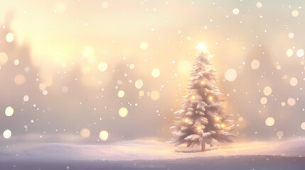 An ornamented christmas tree with bokeh lights on a snowy background. Ornamented. Illustration