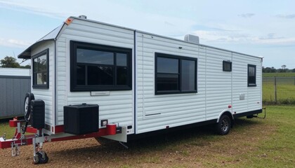 A compact  mobile trailer-home caravan with dual axles and a small window, designed for easy transportation. AI generated.