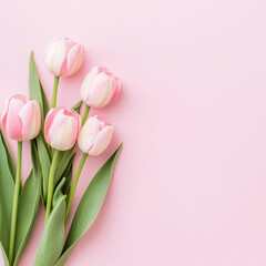 Fototapeta premium Fresh pink tulips arranged beautifully on soft pink background, creating serene and elegant atmosphere. Perfect for spring themes and floral designs