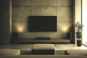 Modern living room with a concrete wall and a large TV mockup, wooden furniture, a neutral color palette, sleek design elements, a comfortable seating arrangement, minimalistic decor