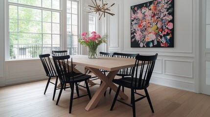 Dining Area with White Oak Table, Black Chairs, and Artistic Wall Decor