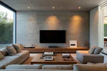 Modern living room with a concrete wall and a large TV mockup, wooden furniture, a neutral color palette, sleek design elements, a comfortable seating arrangement, minimalistic decor