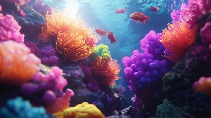 Obraz premium Vibrant Coral Reef with Glowing Anemones and Sea Lions in a Cinematic Underwater Scene, AI generated illustration
