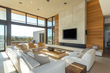 Obraz premium Modern living room with a concrete wall and a large TV mockup, wooden furniture, a neutral color palette, sleek design elements, a comfortable seating arrangement, minimalistic decor