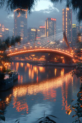 Naklejka premium A view of a lit bridge in the city at dusk, as seen from a nearby park.