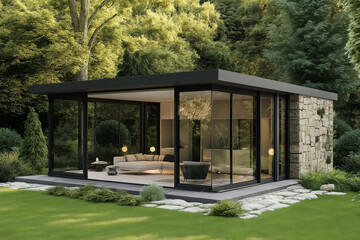 3D rendering of a modernist-style small building with a flat roof and large glass windows, surrounded by greenery on the left side of the house