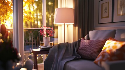 Cozy Corner with Modern Armchair, Tall Lamp, and Soft Gray Throw