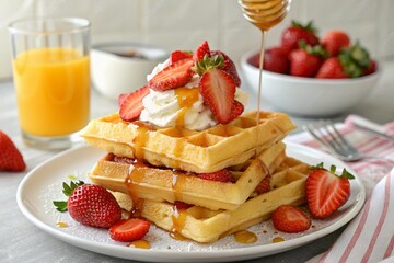 Delicious Waffles Topped with Strawberries, Whipped Cream, and Honey