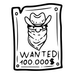 Wanted poster hand drawn doodle. Wild west bandit in bandana and hat. Western. Reward for capture. Ranch, farm. Vector line art illustration.