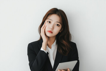 A young asian woman in her mid-20s, dressed smartly and holding an Pad, stands against a white background