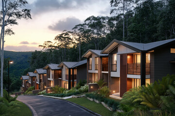 Modern townhouses with dark gray cladding, white accents, and wooden features on the front facades. The style is architectural design in an Australian suburban setting at dusk
