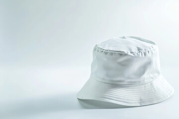 Fototapeta premium Stylish white bucket hat displayed on a clean white background, perfect for summer fashion or outdoor activities in bright light