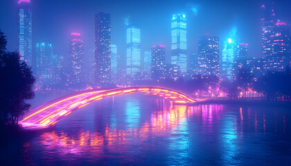 Futuristic city skyline with a glowing bridge over a river at night.