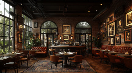 Charming restaurant interior with vintage style and modern contrasts - Generative AI