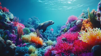 Naklejka premium Vibrant Coral Reef with Glowing Anemones and Sea Lions in a Cinematic Underwater Scene, AI generated illustration