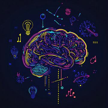 Representation of a human brain surrounded by creative ideas, illustrated with dynamic lines and symbols symbolizing innovation, thought, and creativity