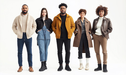 Obraz premium Full-body photo of five stylish, multiethnic people standing in a line, isolated on a white background. This panoramic image has ample copy space, and is an example of realistic photography.
