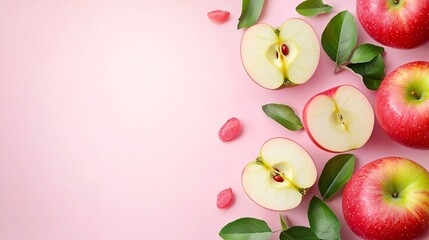 A group of red and green apples with leaves on a pink background