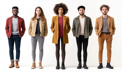 Obraz premium Full-body photo of five stylish, multiethnic people standing in a line, isolated on a white background. This panoramic image has ample copy space, and is an example of realistic photography.