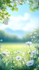 Obraz premium Serene Spring Meadow With Delicate White Flowers Under A Soft Blue Sky Emphasizing Natural Beauty And Tranquility In A Lush Green Landscape