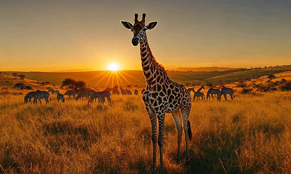 A giraffe stands majestically at sunset in a grassy landscape.